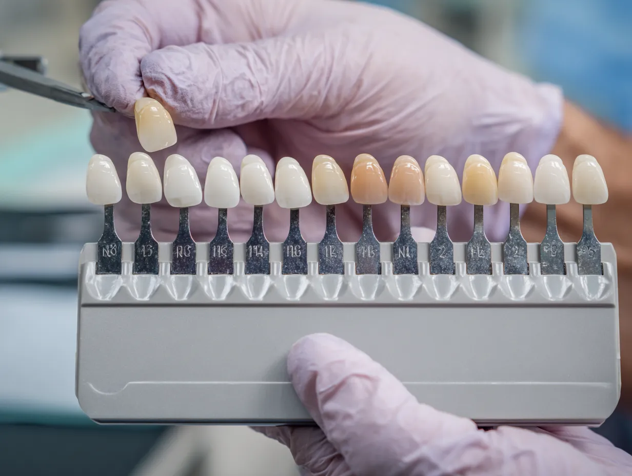 دست تکنسین در حال نگه‌داشتن روکش پرسلن پرداخت‌شده